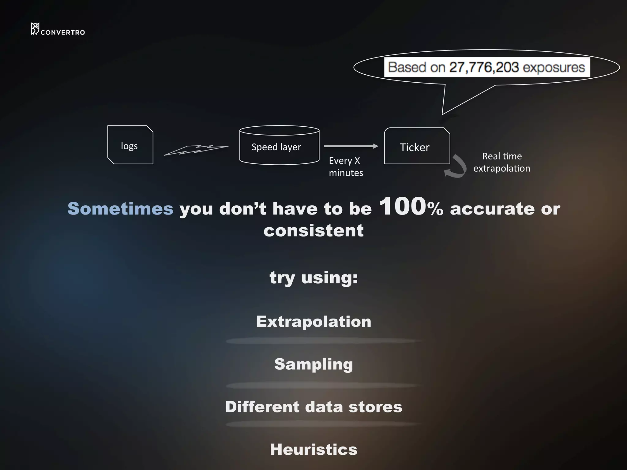 Sometimes you don’t have to be 100% accurate or
consistent
try using:
Extrapolation
Sampling
Different data stores
Heuristics
logs	
   Speed	
  layer	
   Ticker	
  
Every	
  X	
  
minutes	
  
Real	
  2me	
  	
  
extrapola2on	
  
 