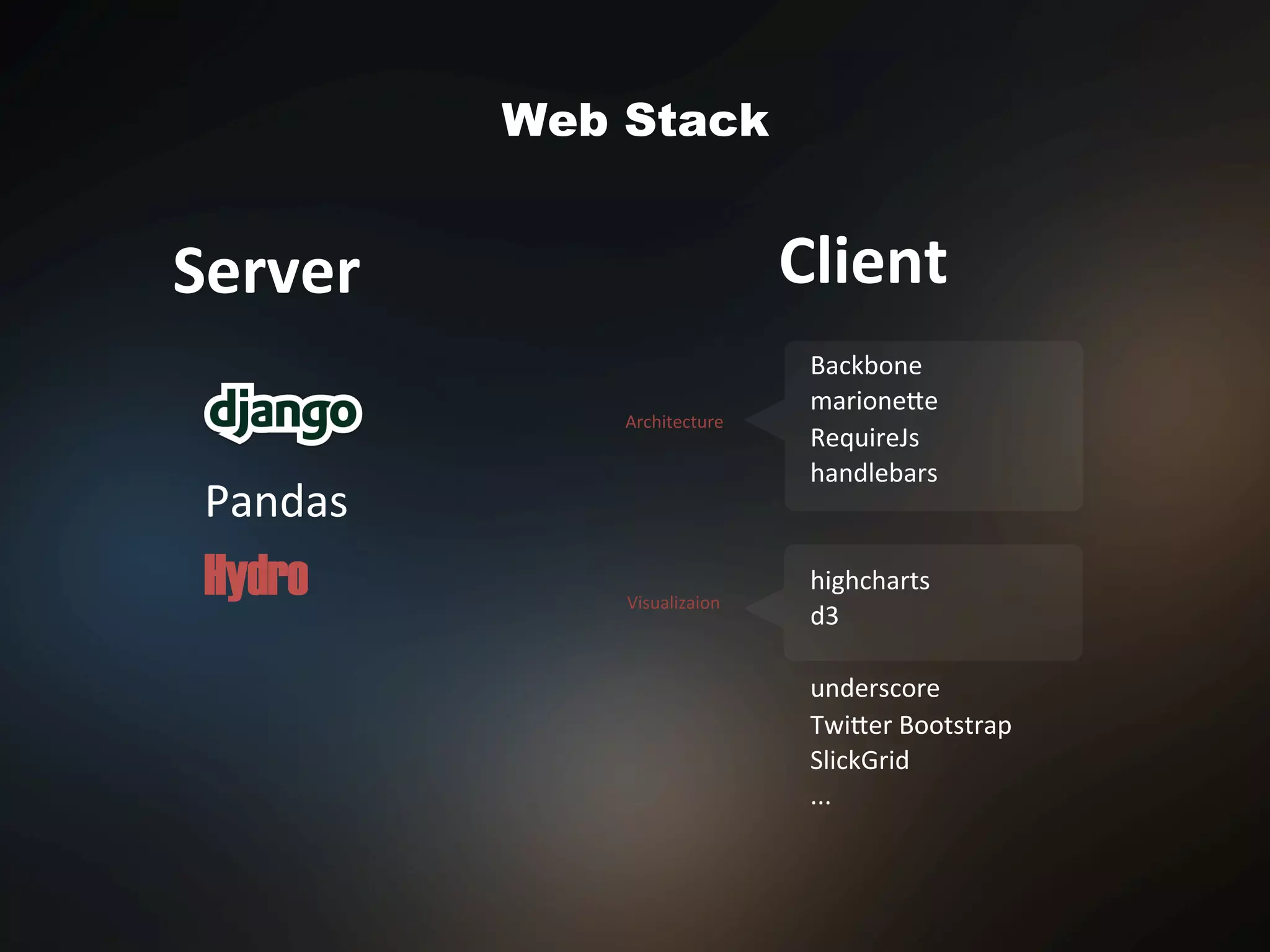 Web Stack
Server	
  
	
  
	
  
Pandas	
  
Hydro 	
  
Client	
  
	
  
Backbone	
  
marioneVe	
  
RequireJs	
  
handlebars	
  
	
  
	
  
highcharts	
  
d3	
  
	
  
underscore	
  
TwiVer	
  Bootstrap	
  
SlickGrid	
  
...	
  
Architecture	
  
Visualizaion	
  
 