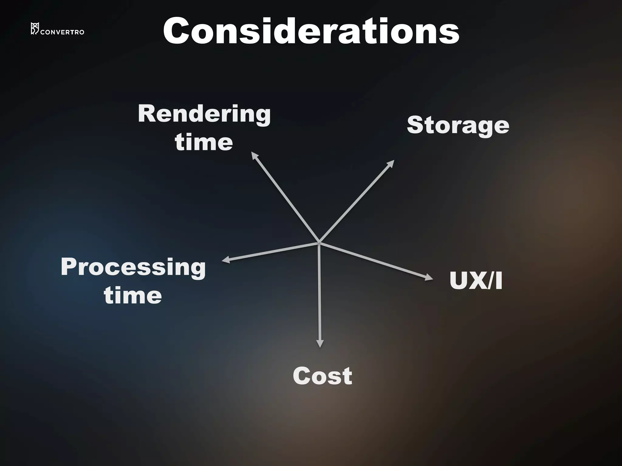 Rendering
time	
  
Storage	
  
Cost	
  
UX/I	
  
Considerations
Processing
time	
  
 