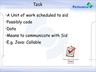 Task
•A Unit of work scheduled to sid
•Possibly code
•Data
•Means to communicate with Sid
•E.g. Java: Callable

Task

 