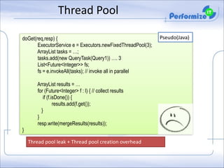 Thread	
  Pool
doGet(req,resp) { 
ExecutorService e = Executors.newFixedThreadPool(3);  
ArrayList tasks = …; 
tasks.add(new QueryTask(Query1)) …. 3
List<Future<Integer>> fs; 
fs = e.invokeAll(tasks); // invoke all in parallel
 

ArrayList results = … 
for (Future<Integer> f : l) { // collect results  
if (f.isDone()) { 
results.add(f.get()); 
} 
}
resp.write(mergeResults(results)); 
}
Thread	
  pool	
  leak	
  +	
  Thread	
  pool	
  creation	
  overhead

Pseudo(Java)

 