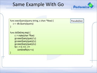 Same	
  Example	
  With	
  Go
func	
  execQuery(query	
  string,	
  c	
  chan	
  *Row)	
  { 
	
  	
  	
  	
  	
  c	
  <-­‐	
  db.Query(query) 
} 

!

func	
  doGet(req,resp) { 
c := make(chan *Row)
go execQuery(query1,c) 
go execQuery(query2,c) 
go execQuery(query3,c) 
for i := 0; i<3 ; i++
combineRs(rs <-c)  
}

Pseudo(Go)

 