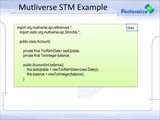 Mutliverse	
  STM	
  Example
import org.multiverse.api.references.*;
import static org.multiverse.api.StmUtils.*;

!
!
!

public class Account{
private final TxnRef<Date> lastUpdate;
private final TxnInteger balance;
public Account(int balance){
this.lastUpdate = newTxnRef<Date>(new Date());
this.balance = newTxnInteger(balance);
}

Java

 