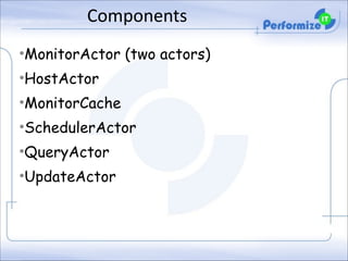 Components
•MonitorActor (two actors)
•HostActor
•MonitorCache
•SchedulerActor
•QueryActor
•UpdateActor

 