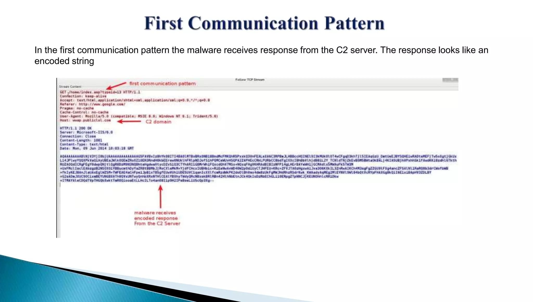 In the first communication pattern the malware receives response from the C2 server. The response looks like an 
encoded string 
 