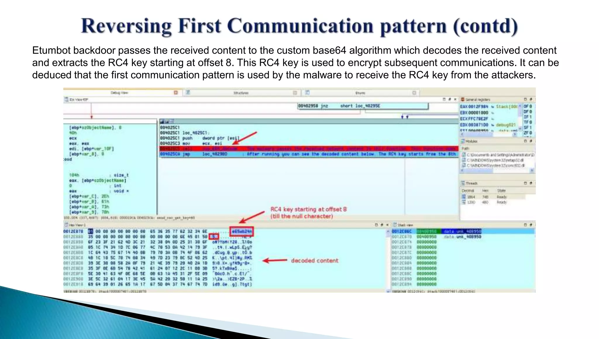 Etumbot backdoor passes the received content to the custom base64 algorithm which decodes the received content 
and extracts the RC4 key starting at offset 8. This RC4 key is used to encrypt subsequent communications. It can be 
deduced that the first communication pattern is used by the malware to receive the RC4 key from the attackers. 
 
