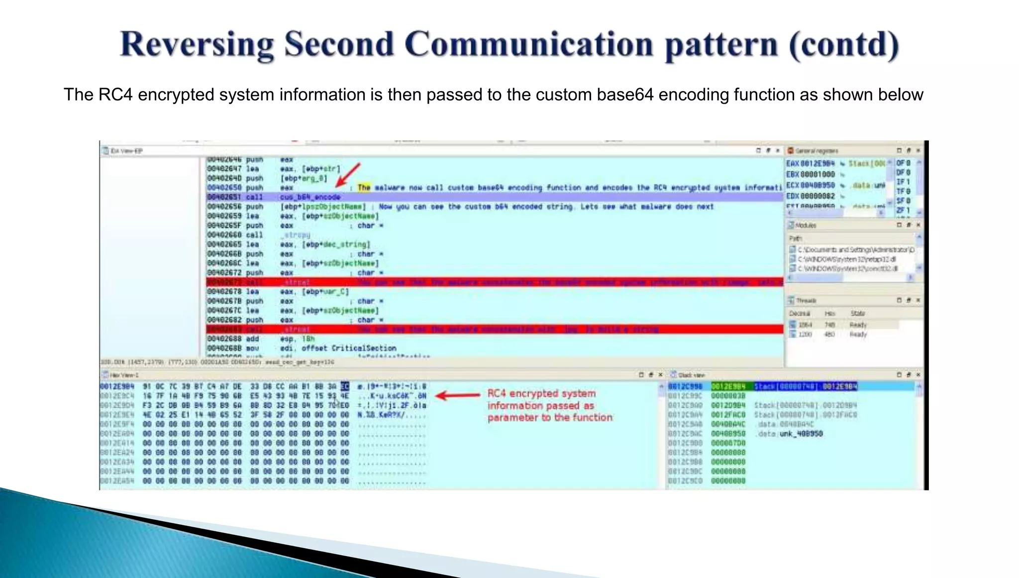 The RC4 encrypted system information is then passed to the custom base64 encoding function as shown below 
 