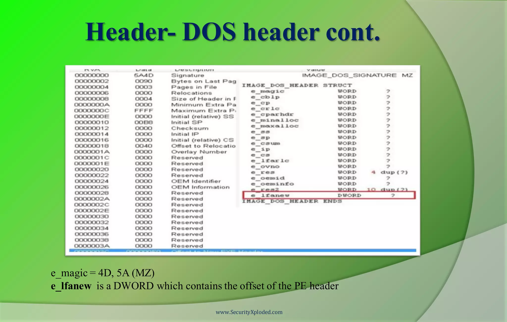 Header- DOS header cont.
e_magic = 4D, 5A (MZ)
e_lfanew is a DWORD which contains the offset of the PE header
www.SecurityXploded.com
 
