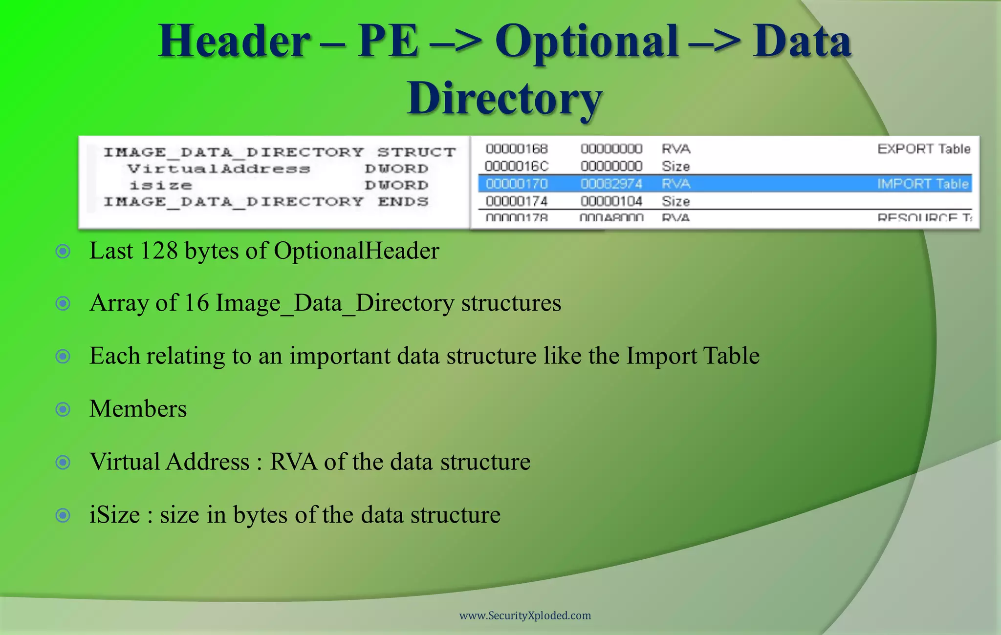 Header – PE –> Optional –> Data
Directory
 Last 128 bytes of OptionalHeader
 Array of 16 Image_Data_Directory structures
 Each relating to an important data structure like the Import Table
 Members
 Virtual Address : RVA of the data structure
 iSize : size in bytes of the data structure
www.SecurityXploded.com
 