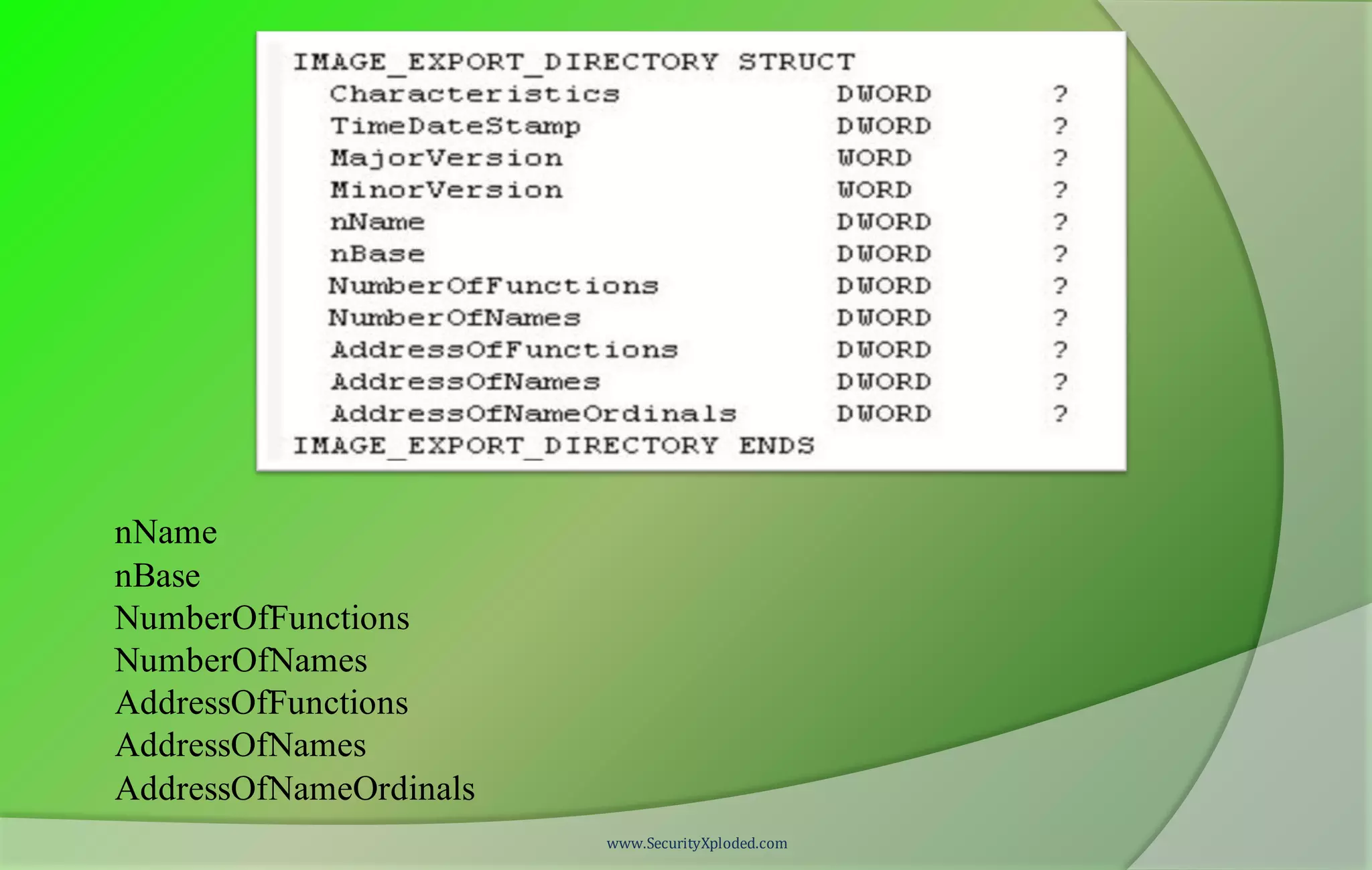nName
nBase
NumberOfFunctions
NumberOfNames
AddressOfFunctions
AddressOfNames
AddressOfNameOrdinals
www.SecurityXploded.com
 