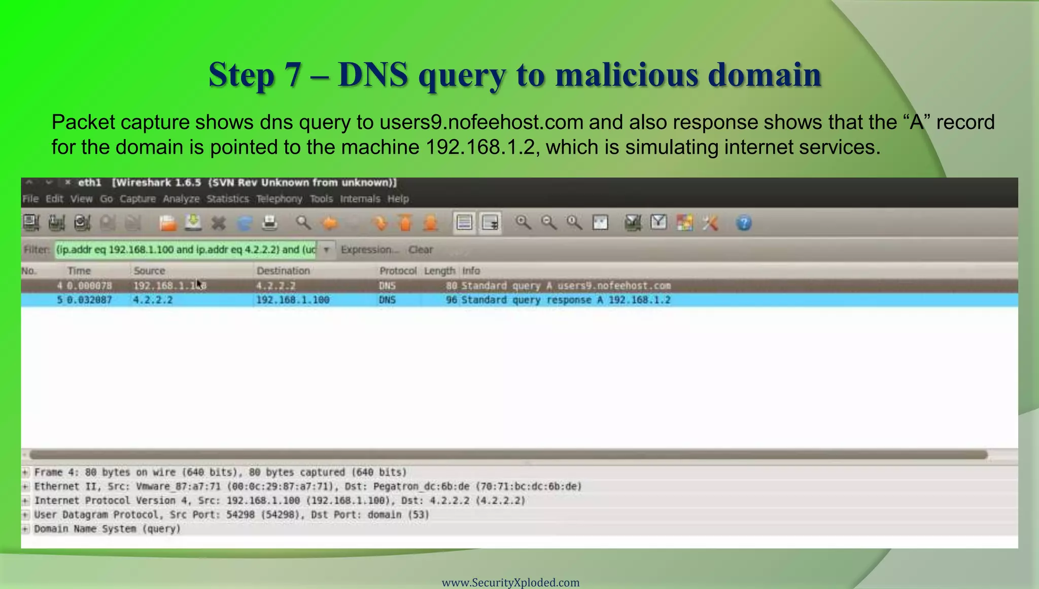 Step 7 – DNS query to malicious domain
Packet capture shows dns query to users9.nofeehost.com and also response shows that the “A” record
for the domain is pointed to the machine 192.168.1.2, which is simulating internet services.




                                        www.SecurityXploded.com
 