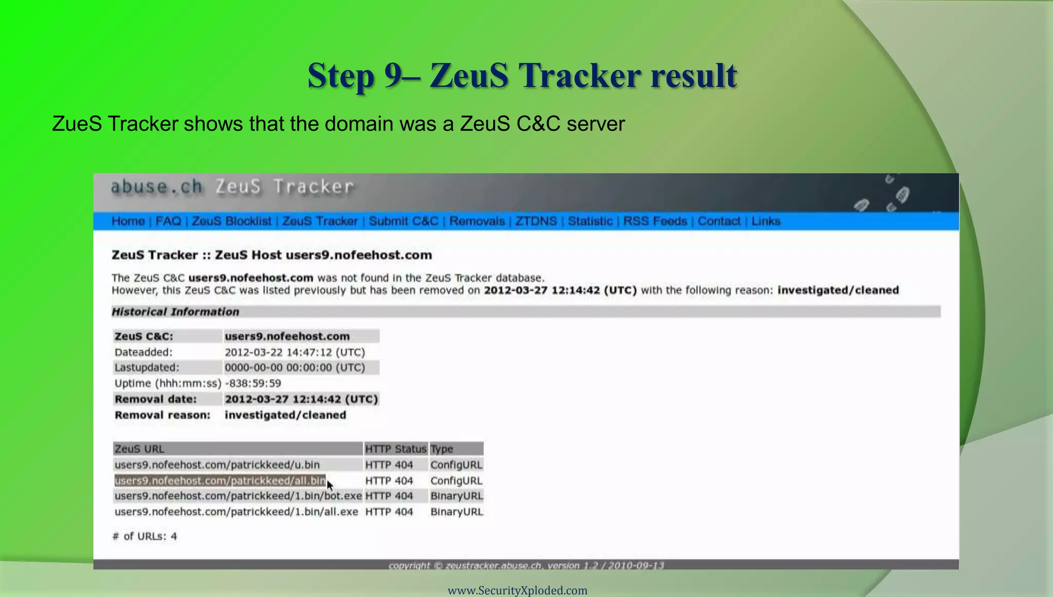 Step 9– ZeuS Tracker result
ZueS Tracker shows that the domain was a ZeuS C&C server




                                      www.SecurityXploded.com
 