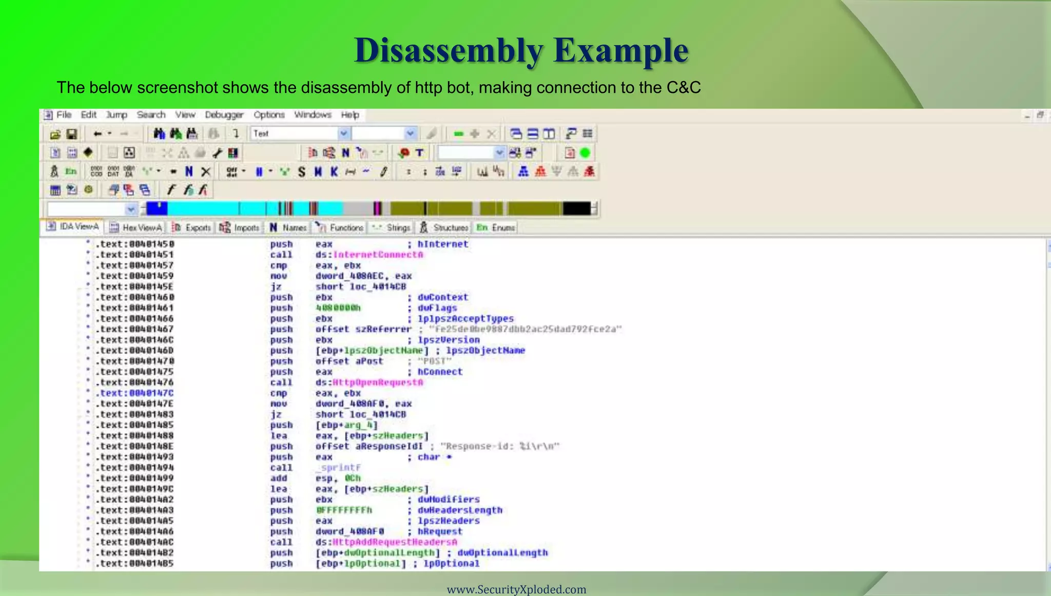 Disassembly Example
The below screenshot shows the disassembly of http bot, making connection to the C&C




                                                  www.SecurityXploded.com
 