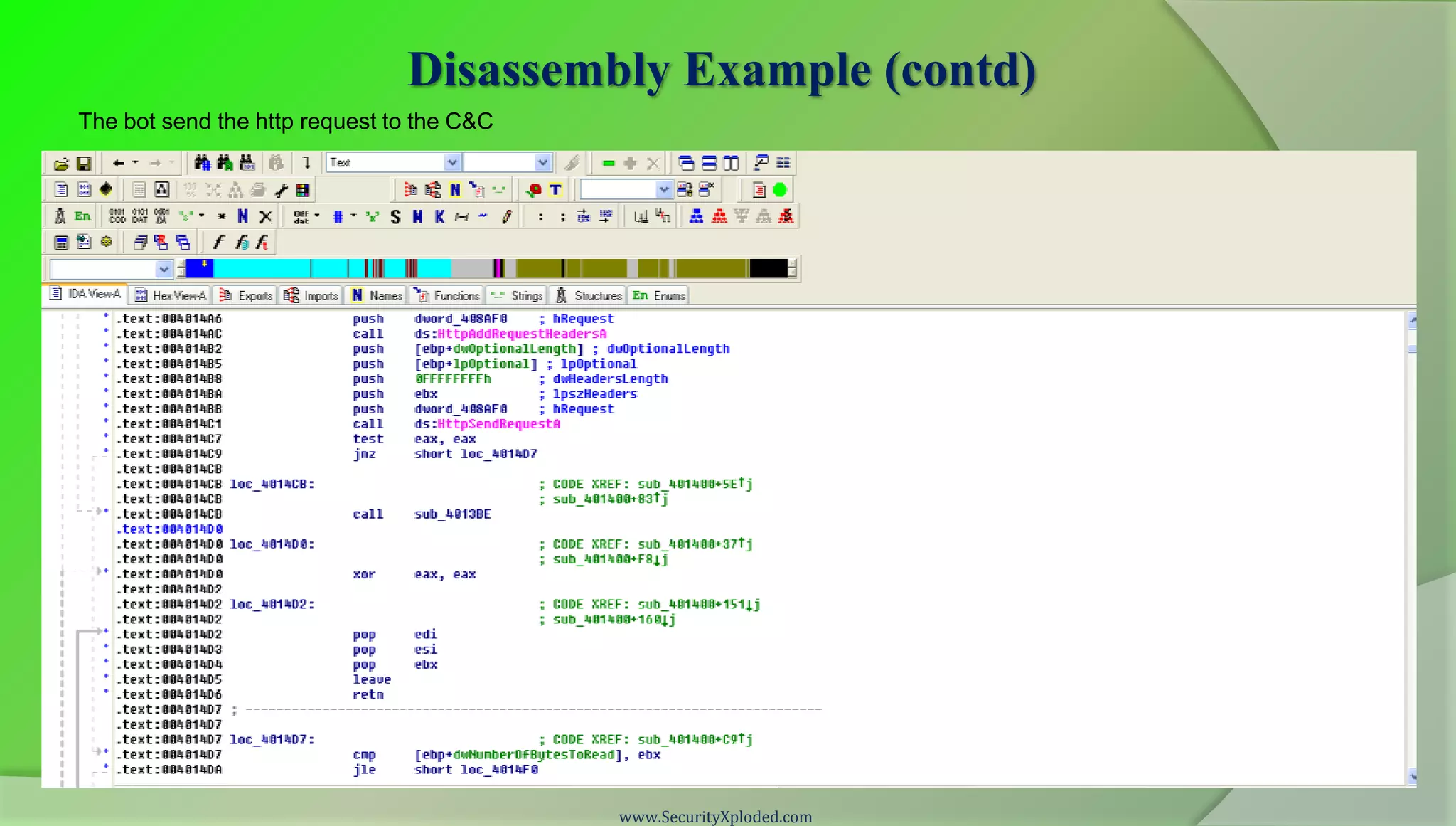 Disassembly Example (contd)
The bot send the http request to the C&C




                                           www.SecurityXploded.com
 