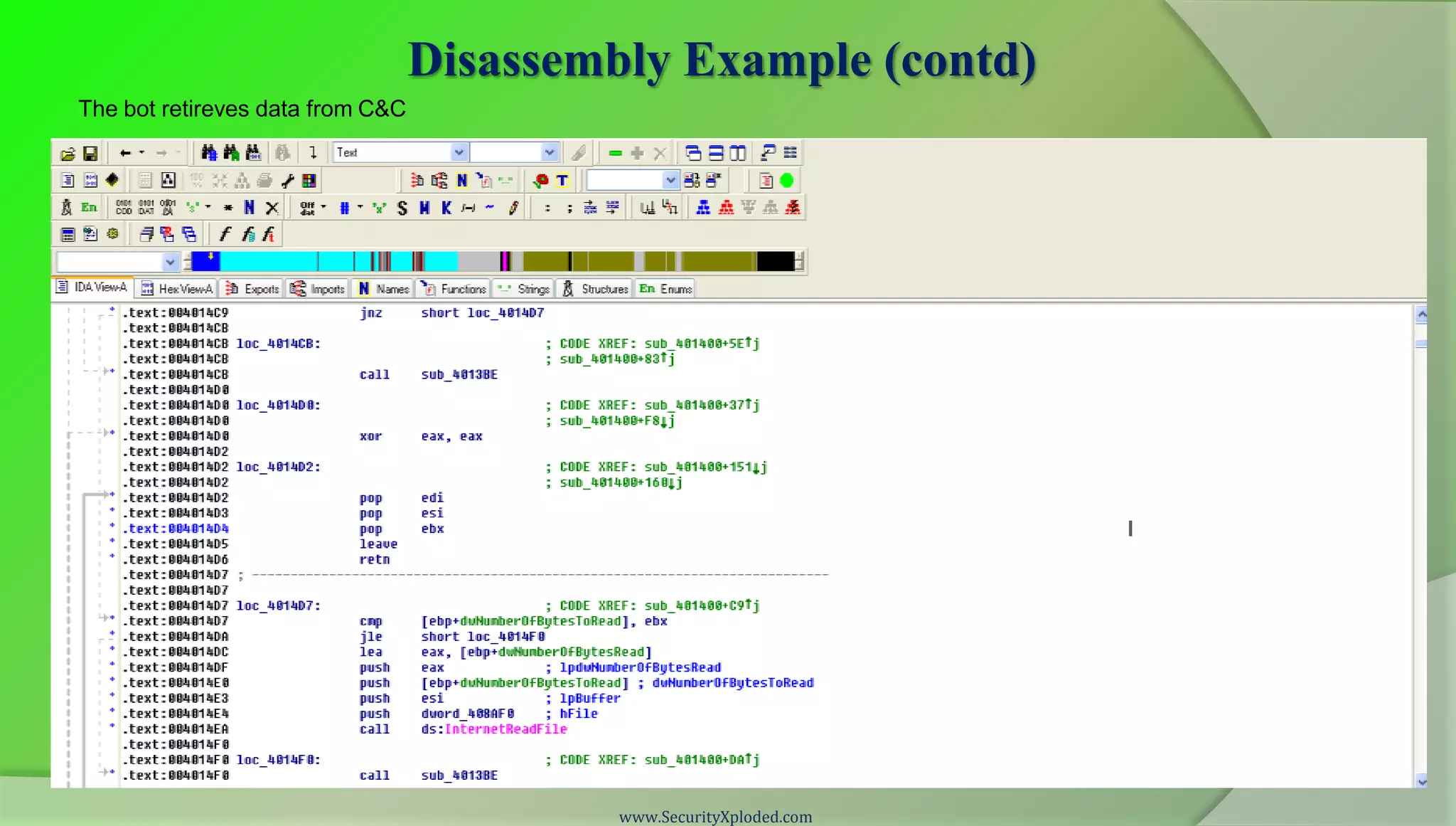 Disassembly Example (contd)
The bot retireves data from C&C




                                           www.SecurityXploded.com
 