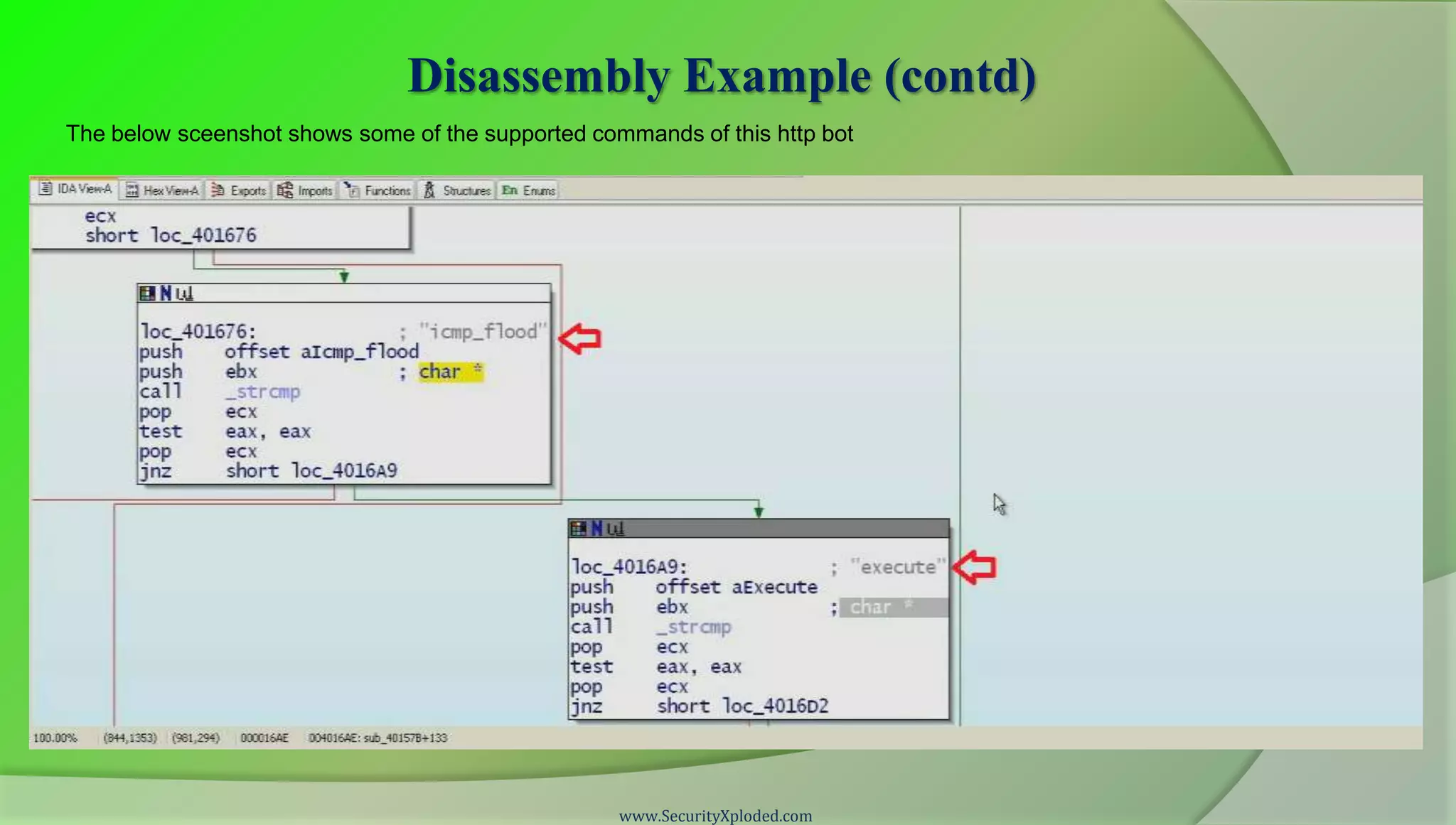 Disassembly Example (contd)
The below sceenshot shows some of the supported commands of this http bot




                                                   www.SecurityXploded.com
 