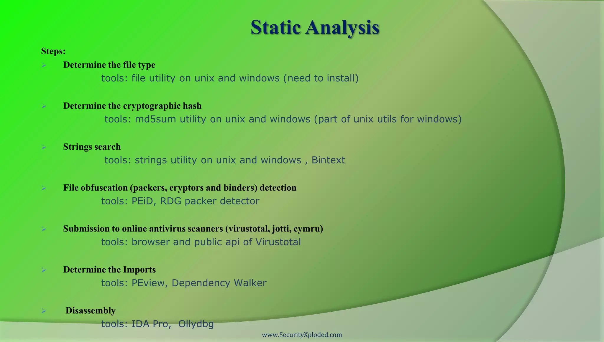 Static Analysis
Steps:
    Determine the file type
             tools: file utility on unix and windows (need to install)

   Determine the cryptographic hash
             tools: md5sum utility on unix and windows (part of unix utils for windows)

   Strings search
              tools: strings utility on unix and windows , Bintext

   File obfuscation (packers, cryptors and binders) detection
              tools: PEiD, RDG packer detector

   Submission to online antivirus scanners (virustotal, jotti, cymru)
            tools: browser and public api of Virustotal

   Determine the Imports
            tools: PEview, Dependency Walker

    Disassembly
             tools: IDA Pro, Ollydbg
                                                      www.SecurityXploded.com
 
