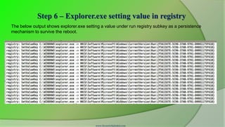 Step 6 – Explorer.exe setting value in registry
The below output shows explorer.exe setting a value under run registry subkey as a persistence
mechanism to survive the reboot.




                                         www.SecurityXploded.com
 
