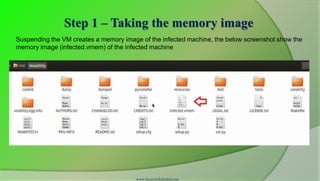 Step 1 – Taking the memory image
Suspending the VM creates a memory image of the infected machine, the below screenshot show the
memory image (infected.vmem) of the infected machine




                                       www.SecurityXploded.com
 