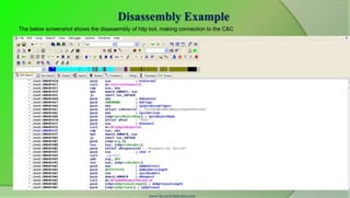 Disassembly Example
The below screenshot shows the disassembly of http bot, making connection to the C&C




                                                  www.SecurityXploded.com
 
