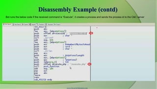 Disassembly Example (contd)
Bot runs the below code if the received command is “Execute”, it creates a process and sends the process id to the C&C server




                                                       www.SecurityXploded.com
 