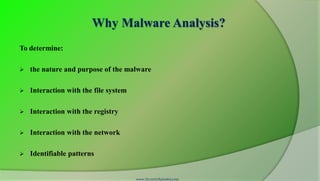 Why Malware Analysis?
To determine:

   the nature and purpose of the malware

   Interaction with the file system

   Interaction with the registry

   Interaction with the network

   Identifiable patterns


                                       www.SecurityXploded.com
 