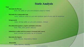 Static Analysis
Steps:
    Determine the file type
             tools: file utility on unix and windows (need to install)

   Determine the cryptographic hash
             tools: md5sum utility on unix and windows (part of unix utils for windows)

   Strings search
              tools: strings utility on unix and windows , Bintext

   File obfuscation (packers, cryptors and binders) detection
              tools: PEiD, RDG packer detector

   Submission to online antivirus scanners (virustotal, jotti, cymru)
            tools: browser and public api of Virustotal

   Determine the Imports
            tools: PEview, Dependency Walker

    Disassembly
             tools: IDA Pro, Ollydbg
                                                      www.SecurityXploded.com
 
