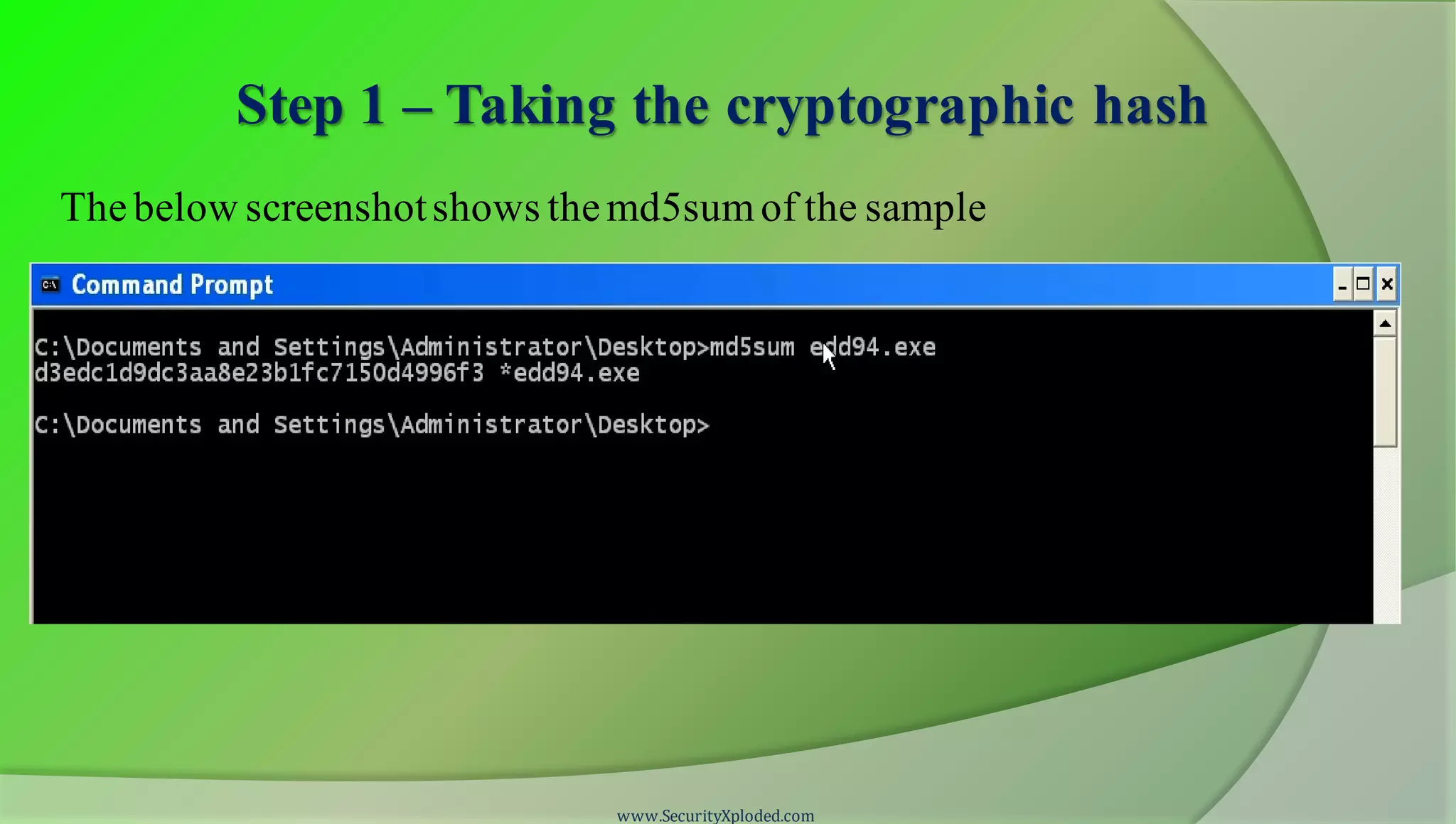 Step 1 – Taking the cryptographic hash
www.SecurityXploded.com
Thebelow screenshotshows themd5sumof the sample
 