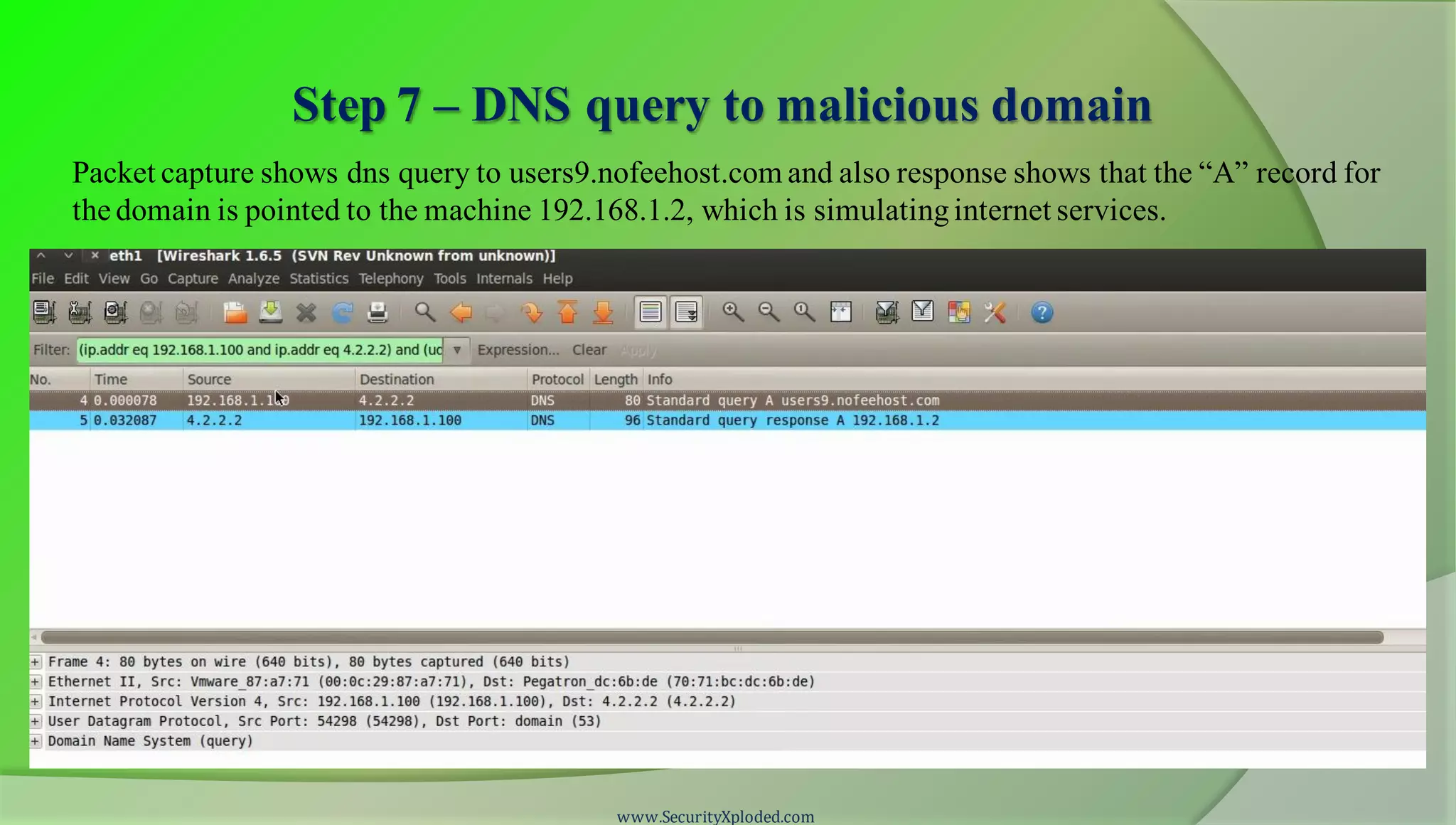 Step 7 – DNS query to malicious domain
www.SecurityXploded.com
Packet capture shows dns query to users9.nofeehost.com and also response shows that the “A” record for
the domain is pointed to the machine 192.168.1.2, which is simulatinginternet services.
 