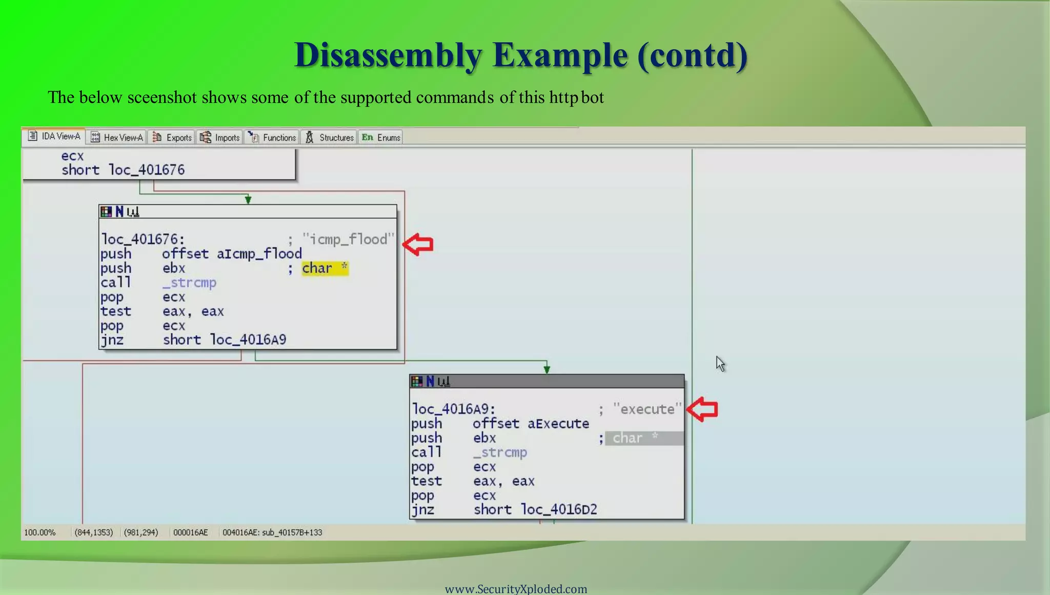 Disassembly Example (contd)
www.SecurityXploded.com
The below sceenshot shows some of the supported commands of this httpbot
 