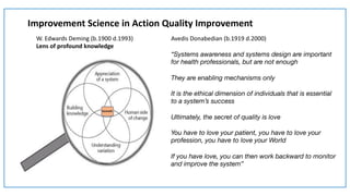 W. Edwards Deming (b.1900 d.1993)
Lens of profound knowledge
Kenneth
Improvement Science in Action Quality Improvement
Avedis Donabedian (b.1919 d.2000)
“Systems awareness and systems design are important
for health professionals, but are not enough
They are enabling mechanisms only
It is the ethical dimension of individuals that is essential
to a system’s success
Ultimately, the secret of quality is love
You have to love your patient, you have to love your
profession, you have to love your World
If you have love, you can then work backward to monitor
and improve the system”
 