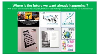 Where is the future we want already happening ?
With love we need to appreciate our system, the human side of change, understand variation and build knowledge
CONCRETE
 