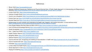 References
• Woven Gold https://wovengoldchoir.com/
• Adverse Childhood Experiences, Resilience and Trauma Informed Care: A Public Health Approach to Understanding and Responding to
Adversity https://www.nhshighland.scot.nhs.uk/media/q1ep0mqj/dph_annual_report_2018.pdf
• London Aces Hub https://www.londonaceshub.org/
• Institute of Health Equity https://www.instituteofhealthequity.org/home
• Covid is not a Pandemic https://www.thelancet.com/journals/lancet/article/PIIS0140-6736(20)32000-6/fulltext
• Inverse Care Law https://www.health.org.uk/publications/reports/tackling-the-inverse-care-law
• Scottish Deep End https://www.gla.ac.uk/schools/healthwellbeing/research/generalpractice/deepend/
• Epidemiology of multi-morbidity and implications for health care, research, and medical education: a cross-sectional study
https://www.thelancet.com/journals/lancet/article/PIIS0140-6736(12)60240-2/fulltext
• Every Breath Matters Ella Kissi Debra (b.2004 d.2013) https://www.youtube.com/watch?v=bM-ADxNkJr0
• Lens of Profound Knowledge Deming https://www.england.nhs.uk/wp-content/uploads/2021/03/qsir-lens-profound-knowledge.pdf
• Avedis Donabedian https://qualitysafety.bmj.com/content/qhc/13/6/472.full.pdf?frame=header
• Poor - Caleb Femi Poetry https://www.calebfemi.com/
• Health Creation Alliance https://thehealthcreationalliance.org/
• Altogether Better https://www.altogetherbetter.org.uk/
• Greener Practice https://www.greenerpractice.co.uk/
• Trauma-informed care: recognizing and resisting re-traumatization in health care https://pubmed.ncbi.nlm.nih.gov/34993351/
• Trauma Transformed Care https://traumatransformed.org/
• Fairhealth https://www.fairhealth.org.uk/
• London Deep End Health Equity https://handyapproachtocare.com/2023/02/03/leading-for-fairer-sytems-and-healthier-places/
• Handy Approach to Care https://handyapproachtocare.com/
• Singing for breathing https://www.youtube.com/watch?v=q4Oo8Tk0Gio
 