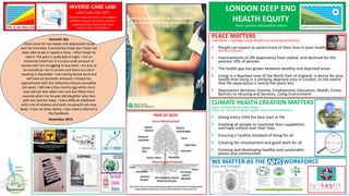 PLACE MATTERS
( Syndemic = Synergy Covid-19 with pre-existing conditions)
• People can expect to spend more of their lives in poor health
(Ella Kissi-Debrah)
• Improvements to life expectancy have stalled, and declined for the
poorest 10% of women
• The health gap has grown between wealthy and deprived areas
• Living in a deprived area of the North East of England is worse for your
health than living in a similarly deprived area in London, to the extent
that life expectancy is nearly five years less
• Deprivation domains: Income, Employment, Education, Health, Crime,
Barriers to Housing and Services, Living Environment
CLIMATE HEALTH CREATION MATTERS
(Blue /Green/Social prescribing =
Clean air, Access to green space, social connectedness)
• Giving every child the best start in life
• Enabling all people to maximise their capabilities
and have control over their lives
• Ensuring a healthy standard of living for all
• Creating fair employment and good work for all
• Creating and developing healthy and sustainable
places and communities
WE MATTER AS THE WORKFORCE
(Love and Courage)
LONDON DEEP END
HEALTH EQUITY
Fairer systems and healthier places
2010 - 2020
INVERSE CARE LAW
Julian Tudor Hart 1971
Patients in deprived areas with complex
problems consult more often, feel less
enabled and their doctors feel more
stressed, after consultations
PAIR OF ACES
COPING
Kenneth 36y
I have come for my repeat anti-depressant script
and my tramadol, it sometimes helps but I have not
been able to get a repeat in time, I often forget to
take it. The pain is really bad at night. I am on
Universal Credit but it is a very small amount of
money and I am struggling to buy food. I am due to
be evicted as I am in arrears and there is a court
meeting in December. I am having dental work and
will have all my teeth removed. I missed my
appointment with the substance misuse counsellor
last week. I felt low a few months ago when my 6-
year-old son was taken into care but lifted more
recently when my 16-year-old daughter who lives
with me, had her baby. I had a difficult childhood
with a lot of violence and both my parents are now
dead. I have no other family. I also need a referral to
the foodbank.
November 2019
 