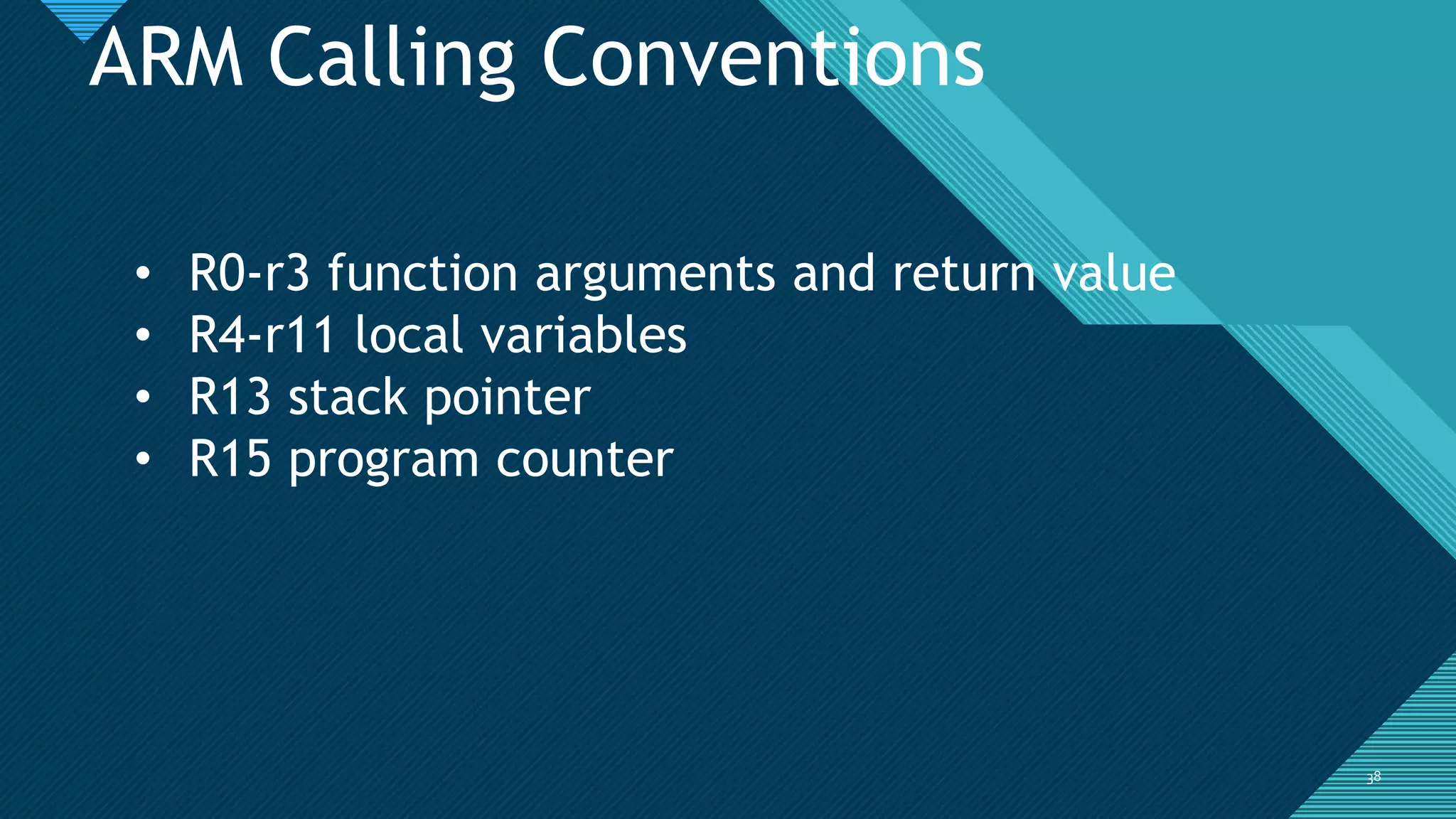 Click to edit Master title style
3838
ARM Calling Conventions
• R0-r3 function arguments and return value
• R4-r11 local variables
• R13 stack pointer
• R15 program counter
 