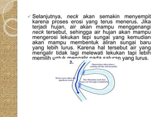 Selanjutnya, neck akan semakin menyempit 
karena proses erosi yang terus menerus. Jika 
terjadi hujan, air akan mampu menggenangi 
neck tersebut, sehingga air hujan akan mampu 
mengerosi lekukan tepi sungai yang kemudian 
akan mampu membentuk aliran sungai baru 
yang lebih lurus. Karena hal tersebut air yang 
mengalir tidak lagi melewati lekukan tapi lebih 
memilih untuk mengalir pada saluran yang lurus. 
 