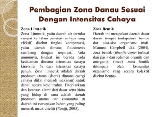 Pembagian Zona Danau Sesuai 
Dengan Intensitas Cahaya 
Zona Limnetik 
Zona Limnetik, yaitu daerah air terbuka 
sampai ke dalam penetrasi cahaya yang 
efektif, disebut tingkat kompensasi, 
yaitu daerah dimana fotosintesis 
seimbang dengan respirasi. Pada 
umumnya, tingkat ini berada pada 
kedalaman dimana intensitas cahaya 
kira-kira 1% dari intensitas cahaya 
penuh. Zona limnetik adalah daerah 
produsen utama (daerah dimana energi 
cahaya diikat menjadi makanan) untuk 
danau secara keseluruhan. Fitoplankton 
dan keadaan alami dari dasar serta biota 
yang hidup di sana adalah daerah 
produsen utama dan komunitas di 
daerah ini merupakan bahan yang paling 
menarik untuk diteliti (Nontji, 2005). 
Zona Bentik 
Daerah ini merupakan daerah dasar 
danau tempat terdapatnya bentos 
dan sisa-sisa organisme mati. 
Menurut Campbell dkk (2004), 
zona bentik (Bhentic zone) terbuat 
dari pasir dan sedimen organik dan 
anorganik (ooze) zona bentik 
ditempati oleh komunitas 
organisme yang secara kolektif 
disebut bentos. 
 