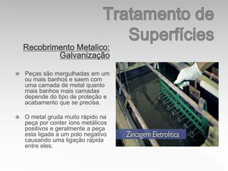 Recobrimento Metalico:
Galvanização
 Peças são mergulhadas em um
ou mais banhos e saem com
uma camada de metal quanto
mais banhos mais camadas
depende do tipo de proteção e
acabamento que se precisa.
 O metal gruda muito rápido na
peça por conter íons metálicos
positivos e geralmente a peça
esta ligada a um polo negativo
causando uma ligação rápida
entre eles.
 