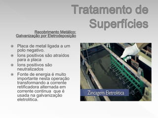 Recobrimento Metálico:
Galvanização por Eletrodeposição
 Placa de metal ligada a um
polo negativo.
 Íons positivos são atraídos
para a placa
 Íons positivos são
neutralizados
 Fonte de energia é muito
importante nesta operação
transformando a corrente
retificadora alternada em
corrente continua que é
usada na galvanização
eletrolitica.
 