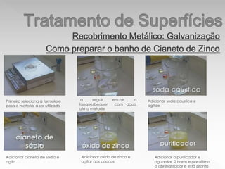Recobrimento Metálico: Galvanização
Como preparar o banho de Cianeto de Zinco
Primeiro seleciona a formula e
pesa o material a ser utilizado
a seguir enche o
tanque/bequer com agua
até a metade
Adicionar soda caustica e
agitae
Adicionar cianeto de sódio e
agita
Adicionar oxido de zinco e
agitar aos poucos
Adicionar o purificador e
aguardar 2 horas e por ultimo
o abrilhantador e está pronto
 