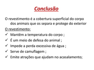 Conclusão
O revestimento é a cobertura superficial do corpo
dos animais que os separa e protege do exterior
O revestimento:
 Mantêm a temperatura do corpo ;
 É um meio de defesa do animal ;
 Impede a perda excessiva de água ;
 Serve de camuflagem ;
 Emite atrações que ajudam no acasalamento;
 