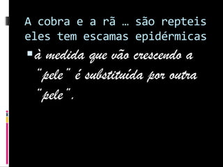 A cobra e a rã … são repteis  eles tem escamas epidérmicas à medida que vão crescendo a “pele” é substituída por outra “pele”.