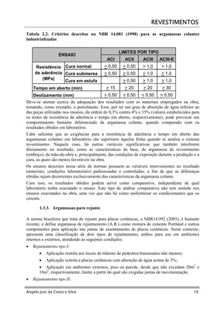 REVESTIMENTOS
Tabela 2.2. Critérios descritos na NBR 14.081 (1998) para as argamassas colantes
industrializadas

                                                     LIMITES POR TIPO
                  ENSAIO
                                              ACI       ACII       ACIII    ACIII-E
     Resistência Cura normal                > 0,50     > 0,50     > 1,0      > 1,0
     de aderência Cura submersa             > 0,50     > 0,50     > 1,0      > 1,0
        (MPa)                                          > 0,50     > 1,0      > 1,0
                  Cura em estufa
    Tempo em aberto (min)                    > 15       > 20       > 20       > 30
    Deslizamento (mm)                      < 0,50 < 0,50 < 0,50 < 0,50
Deve-se atentar acerca da adequação dos resultados com os materiais empregados na obra,
tomando, como exemplo, o porcelanato. Esse, por ter um grau de absorção de água inferior ao
das peças utilizadas nos ensaios, da ordem de 0,3% contra 4% e 15% (valores estabelecidos para
os testes de resistência de aderência e tempo em aberto, respectivamente), pode provocar um
comportamento bastante diferenciado da argamassa colante, quando comparado com os
resultados obtidos em laboratório.
Cabe salientar que as exigências para a resistência de aderência e tempo em aberto das
argamassas colantes em laboratório são superiores àquelas feitas quando se analisa o sistema
revestimento. Naquele caso, há outras variáveis significativas que também interferem
diretamente no resultado, como as características da base, da argamassa de revestimento
(emboço), da mão-de-obra e, principalmente, das condições de exposição durante a produção e a
cura, as quais são menos favoráveis na obra.
Os ensaios descritos nessa série de normas possuem as variáveis intervenientes no resultado
(materiais, condições laboratoriais) padronizadas e controladas, a fim de que as diferenças
obtidas sejam decorrentes exclusivamente das características da argamassa colante.
Com isso, os resultados obtidos podem servir como comparativo, independente de qual
laboratório tenha executado o ensaio. Este tipo de análise comparativa não tem sentido nos
ensaios executados na obra, uma vez que não há como uniformizar os condicionantes que os
cercam.

       1.3.3. Argamassas para rejunte

A norma brasileira que trata de rejunte para placas cerâmicas, a NBR14.992 (2003), é bastante
recente, e define argamassa de rejuntamento (A.R.) como mistura de cimento Portland e outros
componentes para aplicação nas juntas de assentamento de placas cerâmicas. Neste contexto,
apresenta uma classificação de dois tipos de rejuntamento, ambos para uso em ambientes
internos e externos, atendendo às seguintes condições:
•   Rejuntamento tipo I:
       •   Aplicação restrita aos locais de trânsito de pedestres/transeuntes não intenso;
       •   Aplicação restrita a placas cerâmicas com absorção de água acima de 3%;
       • Aplicação em ambientes externos, piso ou parede, desde que não excedam 20m2 e
       18m2, respectivamente, limite a partir do qual são exigidas juntas de movimentação.
•   Rejuntamento tipo II:

Angelo Just da Costa e Silva                                                                 10
 