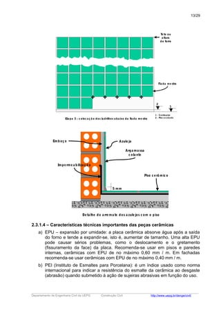 1 - Contra piso
2 - Piso a ca ba do
2
1
Teto ou
a ltura
do forro
Fia da mestra
Eta pa 3 - coloca çã o dos la drilhos a ba ixo da fia da mestra
Azulejo
Piso cerâ mico
5 mm
Impermea biliza çã o
Emboço
Argama ssa
cola nte
Detalhe do a rrema te dos a zulejos com o piso
2.3.1.4 – Características técnicas importantes das peças cerâmicas
a) EPU – expansão por umidade: a placa cerâmica absorve água após a saída
do forno e tende a expandir-se, isto é, aumentar de tamanho. Uma alta EPU
pode causar sérios problemas, como o deslocamento e o gretamento
(fissuramento da face) da placa. Recomenda-se usar em pisos e paredes
internas, cerâmicas com EPU de no máximo 0,60 mm / m. Em fachadas
recomenda-se usar cerâmicas com EPU de no máximo 0,40 mm / m.
b) PEI (Instituto de Esmaltes para Porcelana): é um índice usado como norma
internacional para indicar a resistência do esmalte da cerâmica ao desgaste
(abrasão) quando submetido à ação de sujeiras abrasivas em função do uso.
_____________________________________________________________________________________________________
Departamento de Engenharia Civil da UEPG Construção Civil http://www.uepg.br/denge/civil/
13/29
 