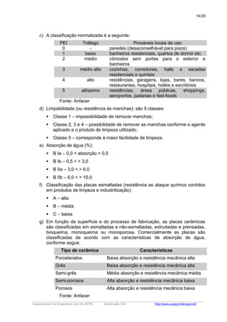 c) A classificação normalizada é a seguinte:
PEI Tráfego Prováveis locais de uso
0 - paredes (desaconselhável para pisos)
1 baixo banheiros residenciais, quartos de dormir etc.
2 médio cômodos sem portas para o exterior e
banheiros
3 médio alto cozinhas, corredores, halls e sacadas
residenciais e quintais
4 alto residências, garagens, lojas, bares, bancos,
restaurantes, hospitais, hotéis e escritórios
5 altíssimo residências, áreas públicas, shoppings,
aeroportos, padarias e fast-foods
Fonte: Anfacer
d) Limpabilidade (ou resistência às manchas): são 5 classes:
 Classe 1 – impossibilidade de remover manchas;
 Classe 2, 3 e 4 – possibilidade de remover as manchas conforme o agente
aplicado e o produto de limpeza utilizado;
 Classe 5 – corresponde à maior facilidade de limpeza.
e) Absorção de água (%):
 B Ia – 0,0 < absorção > 0,5
 B Ib – 0,5 < > 3,0
 B IIa – 3,0 < > 6,0
 B IIb – 6,0 < > 10,0
f) Classificação das placas esmaltadas (resistência ao ataque químico contidos
em produtos de limpeza e industrilização):
 A – alta
 B – média
 C – baixa
g) Em função da superfície e do processo de fabricação, as placas cerâmicas
são classificadas em esmaltadas e não-esmaltadas, extrudadas e prensadas,
bioqueima, monoqueima ou monoporosa. Comercialmente as placas são
classificadas de acordo com as características de absorção de água,
conforme segue:
Tipo de cerâmica Características
Porcelanatos Baixa absorção e resistência mecânica alta
Grês Baixa absorção e resistência mecânica alta
Semi-grês Média absorção e resistência mecânica média
Semi-porosos Alta absorção e resistência mecânica baixa
Porosos Alta absorção e resistência mecânica baixa
Fonte: Anfacer
_____________________________________________________________________________________________________
Departamento de Engenharia Civil da UEPG Construção Civil http://www.uepg.br/denge/civil/
14/29
 