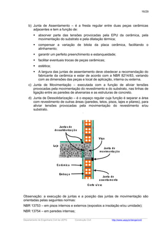 b) Junta de Assentamento – é a fresta regular entre duas peças cerâmicas
adjacentes e tem a função de:
 absorver parte das tensões provocadas pela EPU da cerâmica, pela
movimentação do substrato e pela dilatação térmica;
 compensar a variação de bitola da placa cerâmica, facilitando o
alinhamento;
 garantir um perfeito preenchimento e estanqueidade;
 facilitar eventuais trocas de peças cerâmicas;
 estética;
 A largura das juntas de assentamento deve obedecer a recomendação do
fabricante da cerâmica e estar de acordo com a NBR 8214/83, variando
com as dimensões das peças e local de aplicação, interna ou externa.
c) Junta de Movimentação – executada com a função de aliviar tensões
provocadas pela movimentação do revestimento e do substrato, nas linhas de
ligação entre as paredes de alvenarias e as estruturas de concreto.
d) Junta de Dessolidarização – é o espaço regular cuja função é separar a área
com revestimento de outras áreas (paredes, tetos, pisos, lajes e pilares), para
aliviar tensões provocadas pela movimentação do revestimento e/ou
substrato.
Emboço
La je
Cerâ mica
Junta de
a ssenta mento
Junta de
movimenta çã o
Junta s de
dessolida riza çã o
Corte s/ esc
Viga
Observação: a execução de juntas e a posição das juntas de movimentação são
orientadas pelas seguintes normas:
NBR 13753 – em pisos internos e externos (expostos a insolação e/ou umidade);
NBR 13754 – em paredes internas;
_____________________________________________________________________________________________________
Departamento de Engenharia Civil da UEPG Construção Civil http://www.uepg.br/denge/civil/
16/29
 