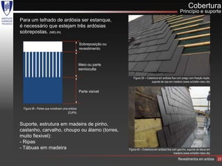 Cobertura
                                                                                                               Princípio e suporte
Para um telhado de ardósia ser estanque,
é necessário que estejam três ardósias
sobrepostas. (MELIN)

                                                 Sobreposição ou
                                                 revestimento



                                                 Meio ou parte
                                                 semioculta

                                                                      Figura 39 – Cobertura em ardósia fixa com prego com fixação dupla,
                                                                                     suporte de ripa em madeira (www.schiefer-natur.de)


                                                 Parte visível



 Figura 38 – Partes que constituem uma ardósia
                                      (CUPA)


Suporte, estrutura em madeira de pinho,
castanho, carvalho, choupo ou álamo (torres,
muito flexivel):
- Ripas
- Tábuas em madeira                                                Figura 40 – Cobertura em ardósia fixa com gancho, suporte de tábua em
                                                                                                          madeira (www.schiefer-natur.de)
                                                                                                             Revestimentos em ardósia       23
 
