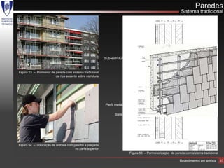 Paredes
                                                                                                            Sistema tradicional




                                                          Sub-estrutura em barrotes

                                                                            Suporte
Figura 53 – Pormenor de parede com sistema tradicional
                        de ripa assente sobre estrutura


                                                                        Isolamento




                                                          Perfil metálico de fixação
                                                                         ao suporte
                                                                Sistema de fixação




Figura 54 – colocação de ardósia com gancho e pregada
                                      na parte superior
                                                                          Figura 55 – Pormenorização da parede com sistema tradicional

                                                                                                            Revestimentos em ardósia     33
 