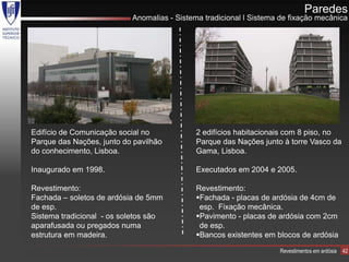 Paredes
                           Anomalias - Sistema tradicional l Sistema de fixação mecânica




Edifício de Comunicação social no            2 edifícios habitacionais com 8 piso, no
Parque das Nações, junto do pavilhão         Parque das Nações junto à torre Vasco da
do conhecimento, Lisboa.                     Gama, Lisboa.

Inaugurado em 1998.                          Executados em 2004 e 2005.

Revestimento:                                Revestimento:
Fachada – soletos de ardósia de 5mm          Fachada - placas de ardósia de 4cm de
de esp.                                       esp. Fixação mecânica.
Sistema tradicional - os soletos são         Pavimento - placas de ardósia com 2cm
aparafusada ou pregados numa                  de esp.
estrutura em madeira.                        Bancos existentes em blocos de ardósia

                                                                    Revestimentos em ardósia   42
 