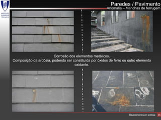 Paredes / Pavimento
                                                         Anomalia – Manchas de ferrugem




                        Corrosão dos elementos metálicos.
Composição da ardósia, podendo ser constituída por óxidos de ferro ou outro elemento
                                    oxidante.




                                                                      Revestimentos em ardósia   45
 